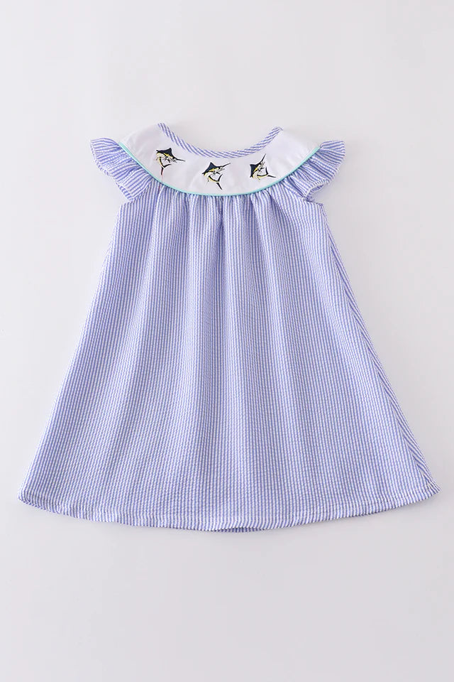 Blue Stripe Seersucker Swordfish Embroidery Dress