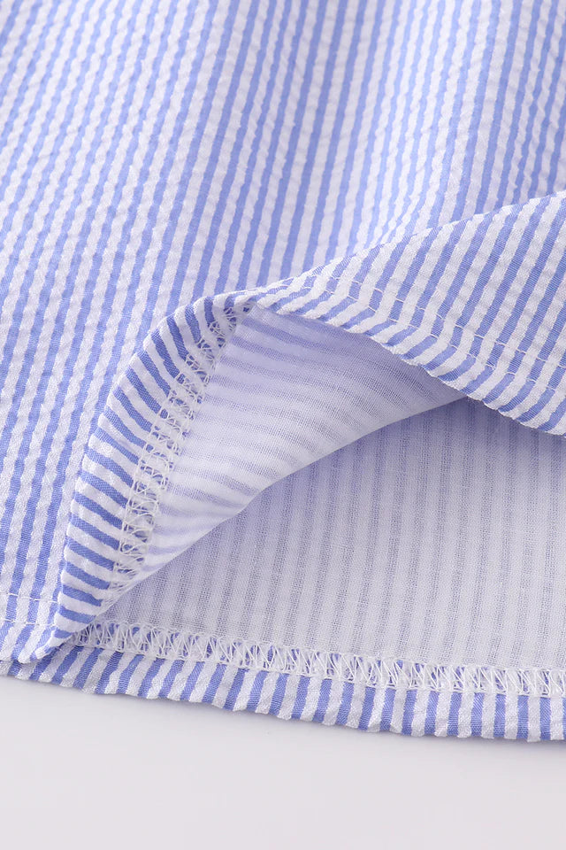 Blue Stripe Seersucker Swordfish Embroidery Dress