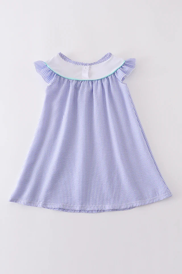 Blue Stripe Seersucker Swordfish Embroidery Dress