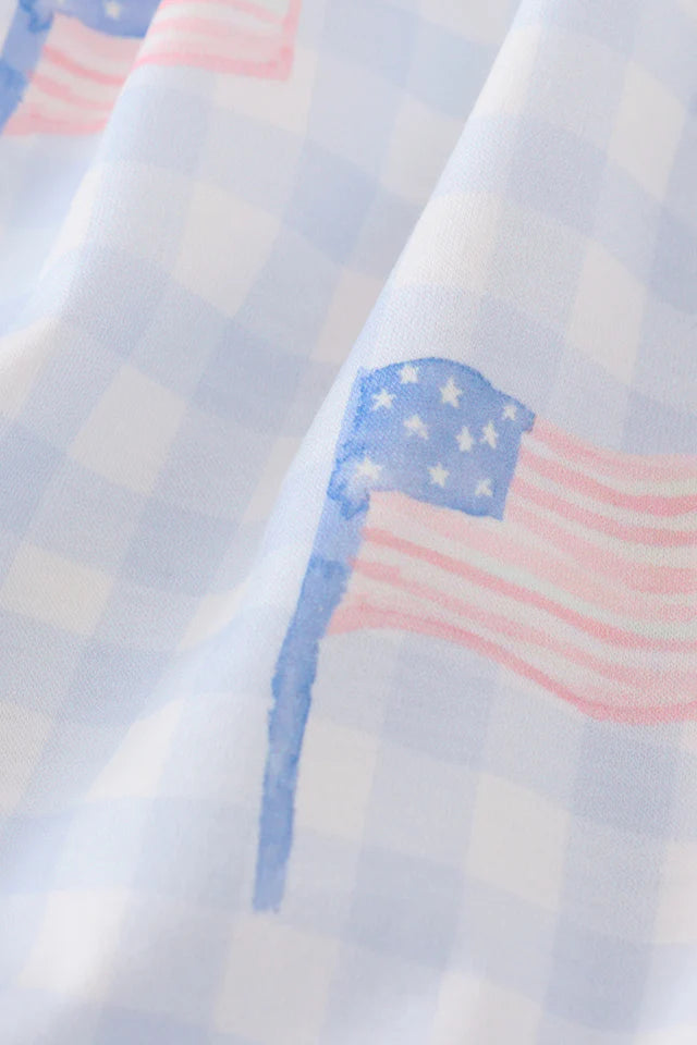 Blue Flag Embroidery Smocked Gingham Dress
