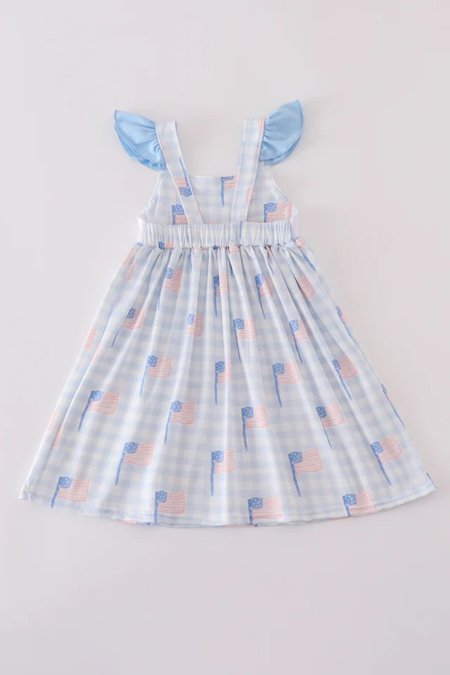 Blue Flag Embroidery Smocked Gingham Dress