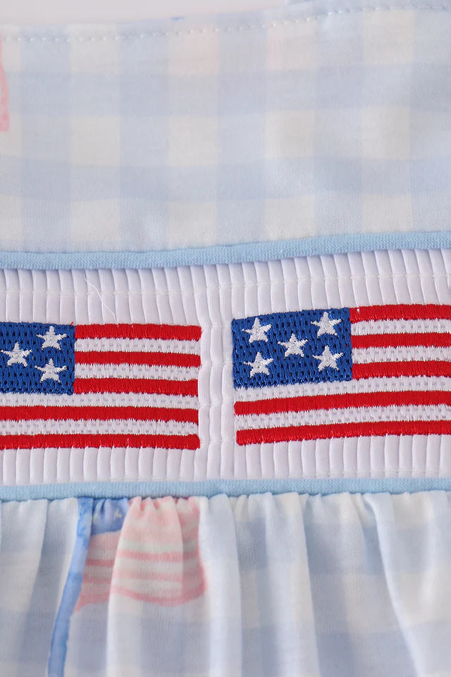 Blue Flag Embroidery Smocked Gingham Dress