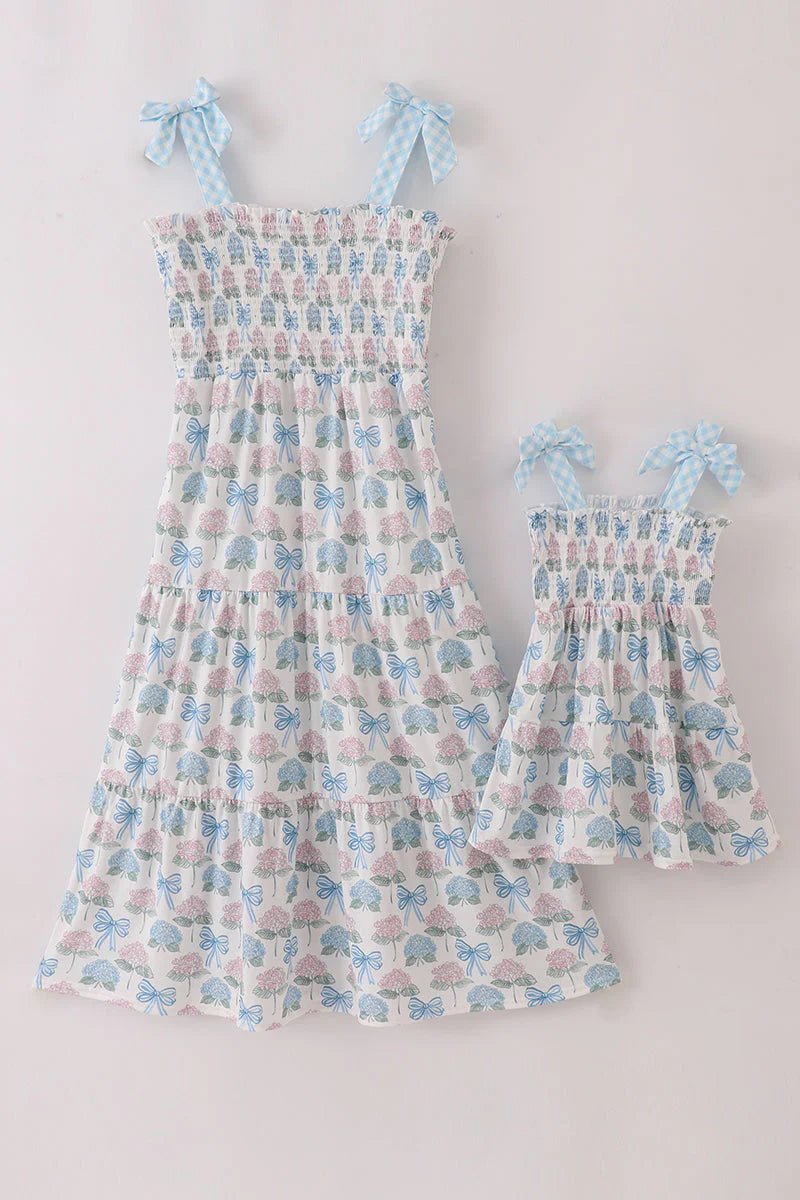 Mommy and Me Blue Hydrangea Bow Smocked Dress