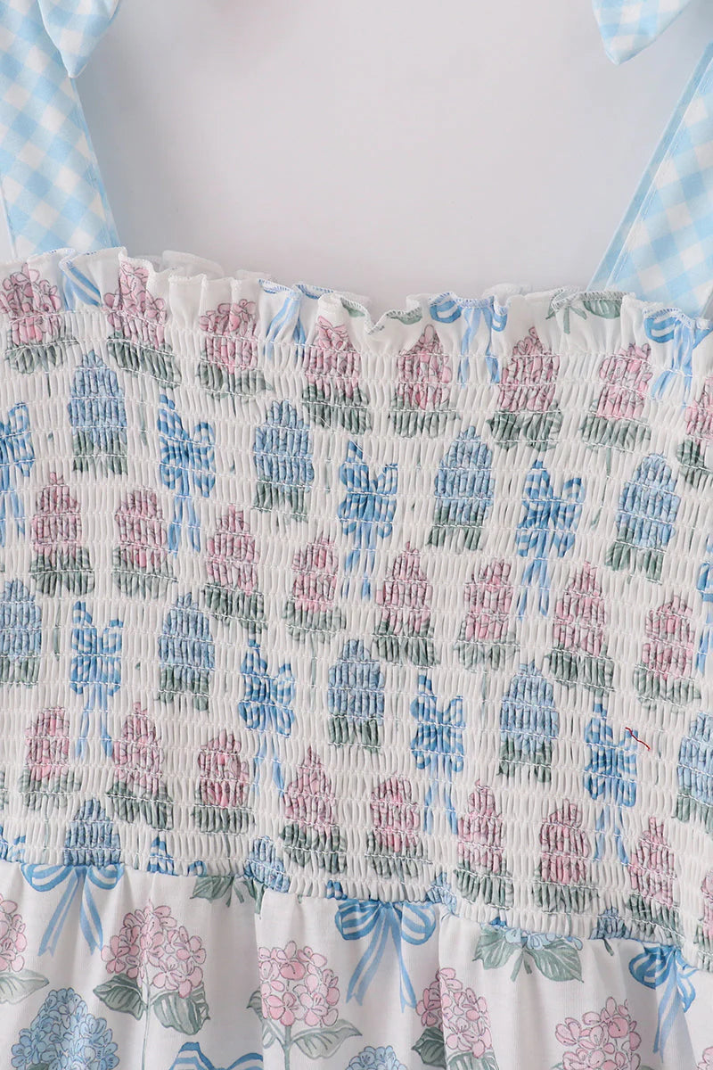 Mommy and Me Blue Hydrangea Bow Smocked Dress