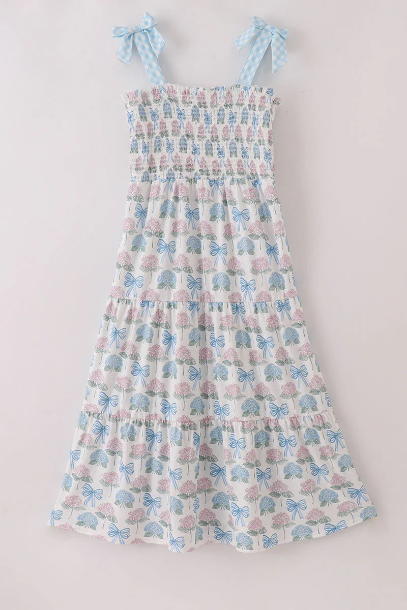 Mommy and Me Blue Hydrangea Bow Smocked Dress