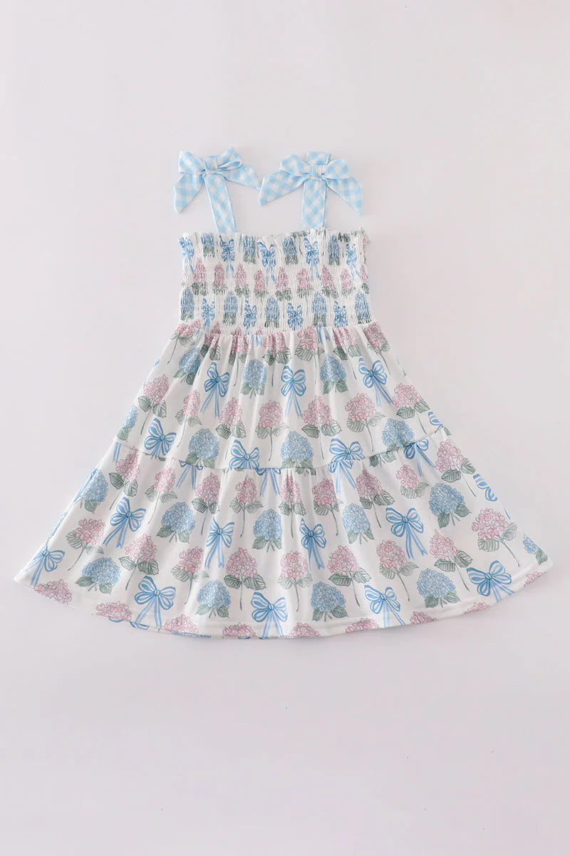 Mommy and Me Blue Hydrangea Bow Smocked Dress