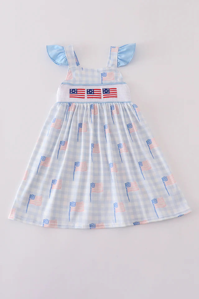 Blue Flag Embroidery Smocked Gingham Dress
