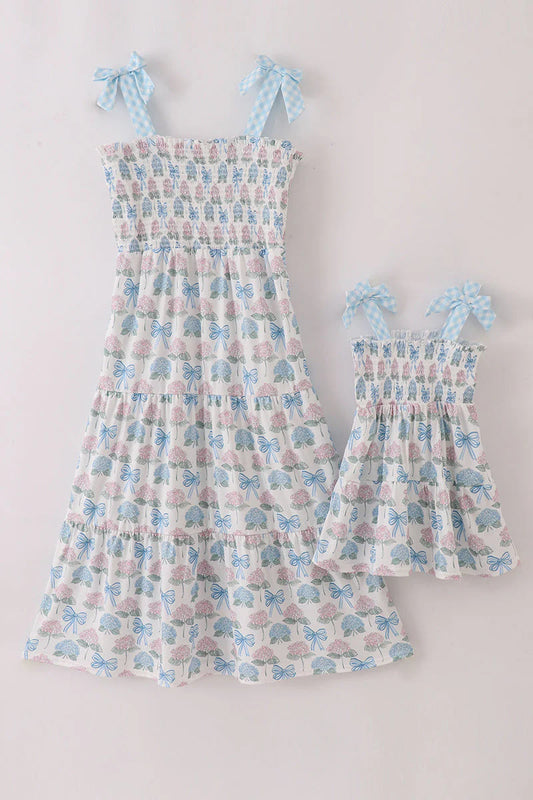 Mommy and Me Blue Hydrangea Bow Smocked Dress