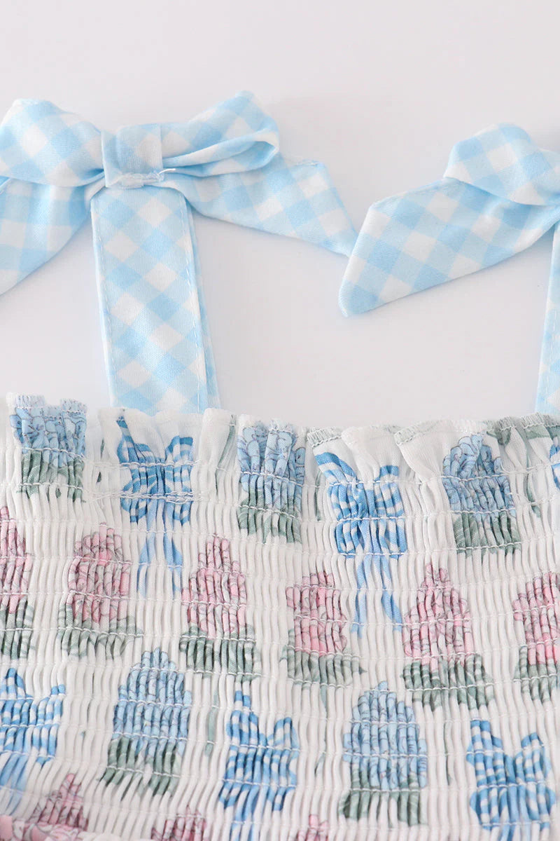 Mommy and Me Blue Hydrangea Bow Smocked Dress