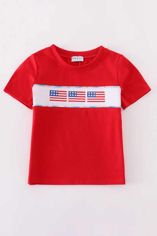 Red Flag Embroidery Smocked Top
