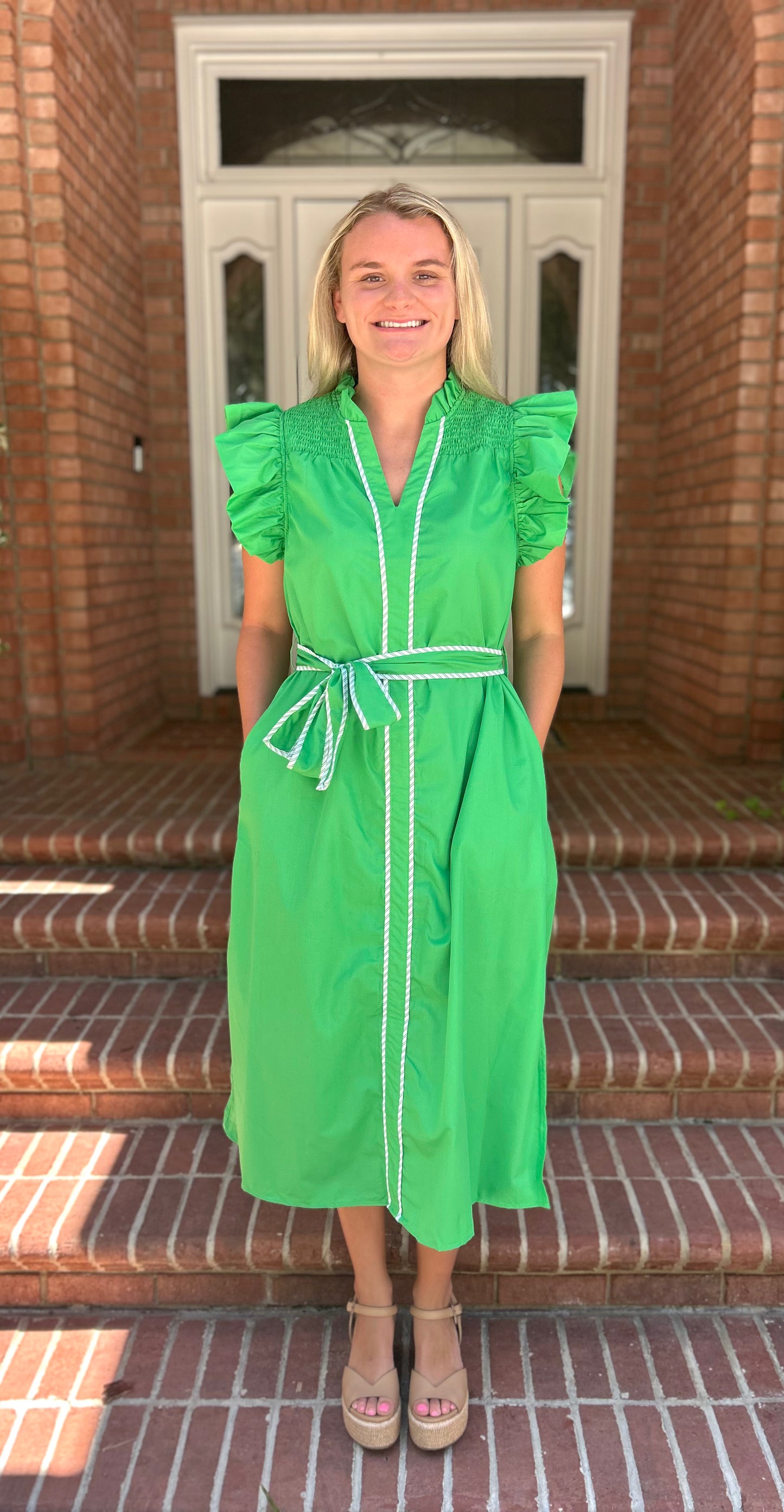Solid Ruffle Sleeve Midi Dress