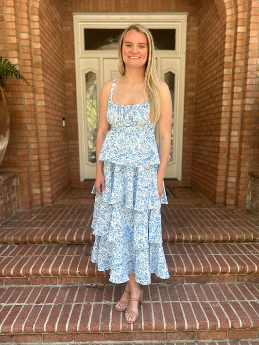 Floral Back Tiered Ruffle Maxi Dress