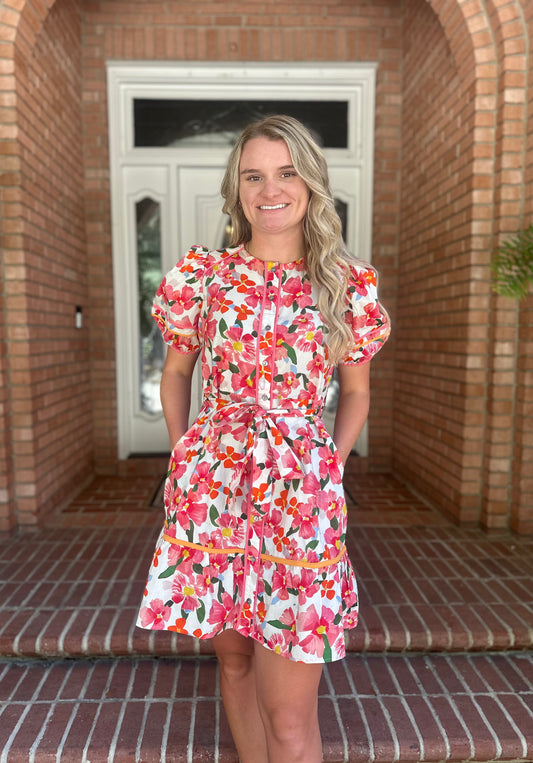 Puff Sleeve Belted Floral Dress
